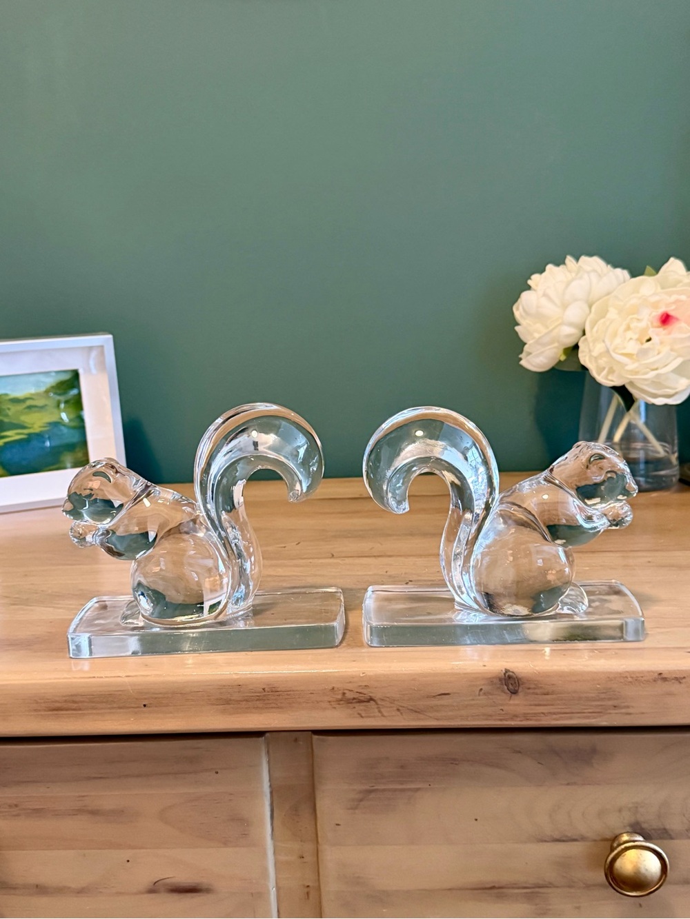 Vintage New Martinsville Glass Crystal Squirrel Bookends Set Clear Art Glass